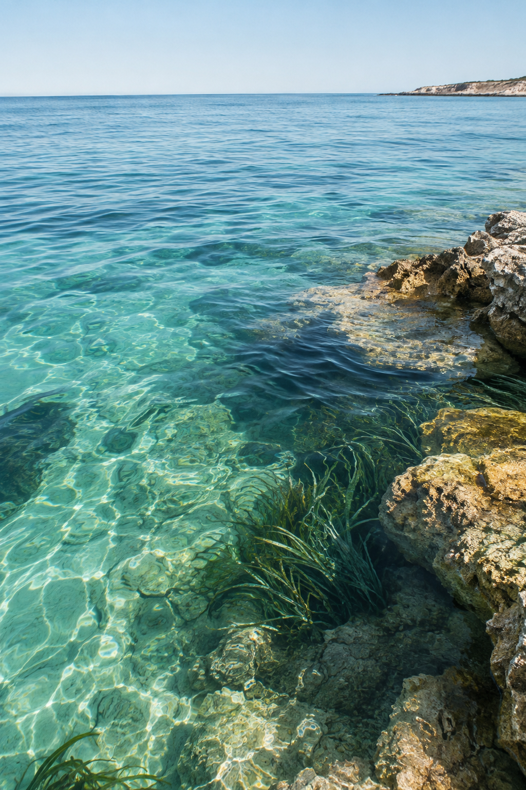Agua mediterránea transparente con posidonia bajo la superficie
